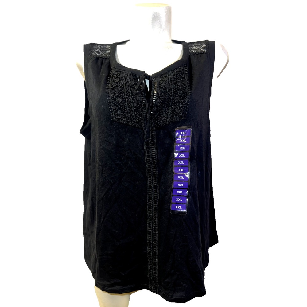 Rafaella Womens XXL Black Cotton Crochet Lace Trim Sleeveless Top RSKSD033 NEW
